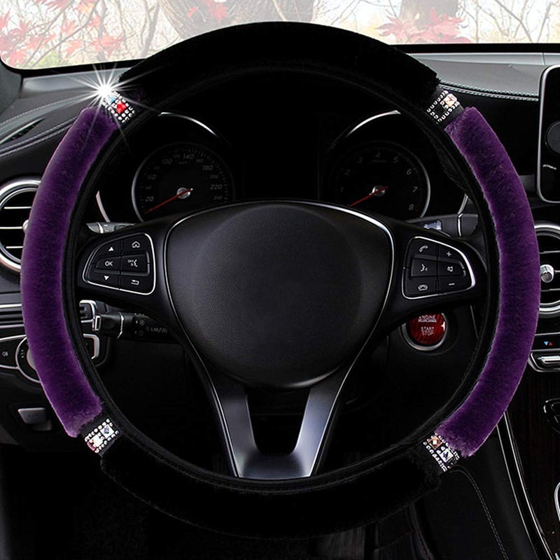 LABBYWAY Plush Steering Wheel Cover with Bling Bling Crystal Rhinestone, Universal 15 Inch Elastic Fluffy Steering Wheel Accessories for Women Girls, Purple - Image 2